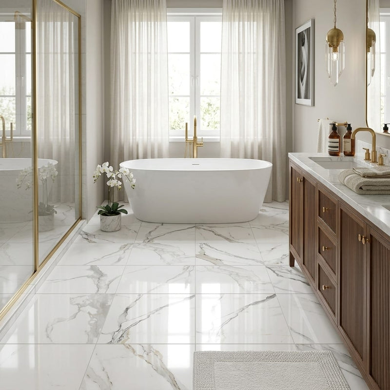 Calacatta Dorado 24x24 Polished Marble Look Porcelain Tile — Primary Bath floor