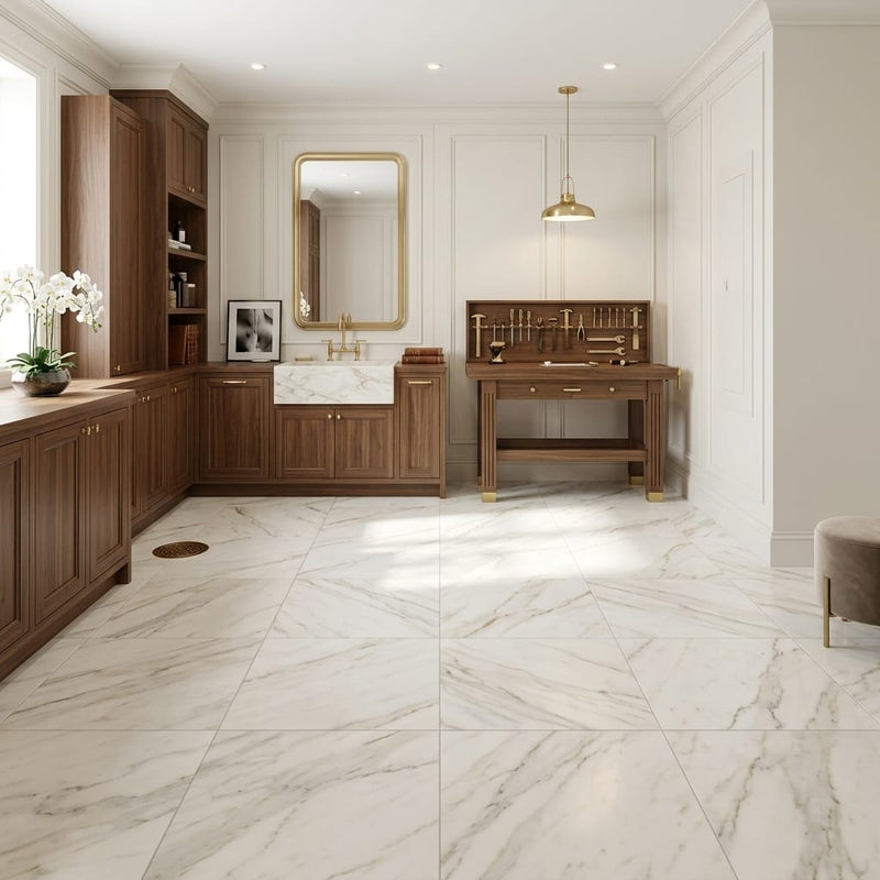 Calacatta Gold 12x12 Honed Marble Tile — Basement floor