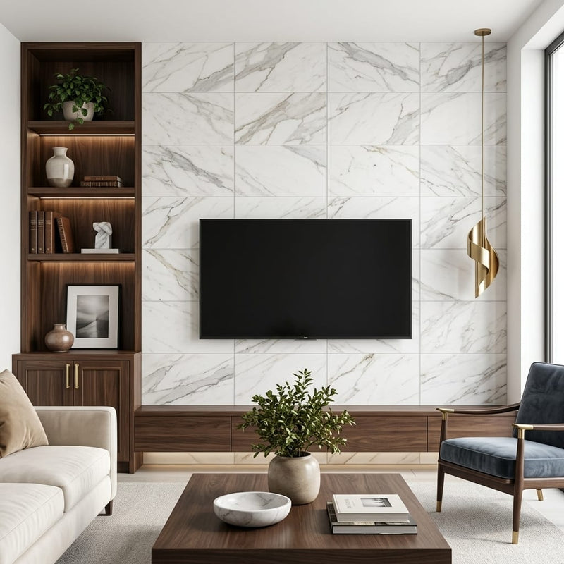 Calacatta Gold 12x24 Honed Marble Tile — Living Room feature wall