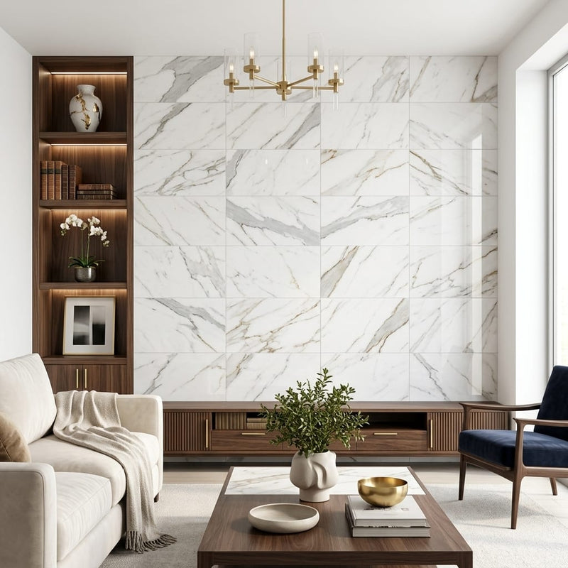 Calacatta Gold 12x24 Polished Marble Tile — Living Room feature wall