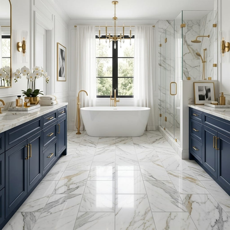 Calacatta Gold 12x24 Polished Marble Tile — Primary Bath floor