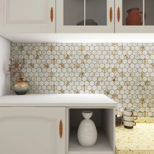 Glazed Hex Matte Calacatta Gold 2x2 Hexagon Marble Look Porcelain Mosaic