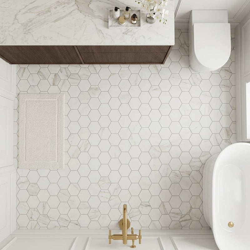 Calacatta-gold-2x2-hexagon-honed-marble-mosaic — Bathroom floor