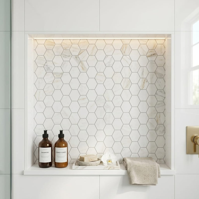 Calacatta-gold-2x2-hexagon-honed-marble-mosaic — Bathroom niche