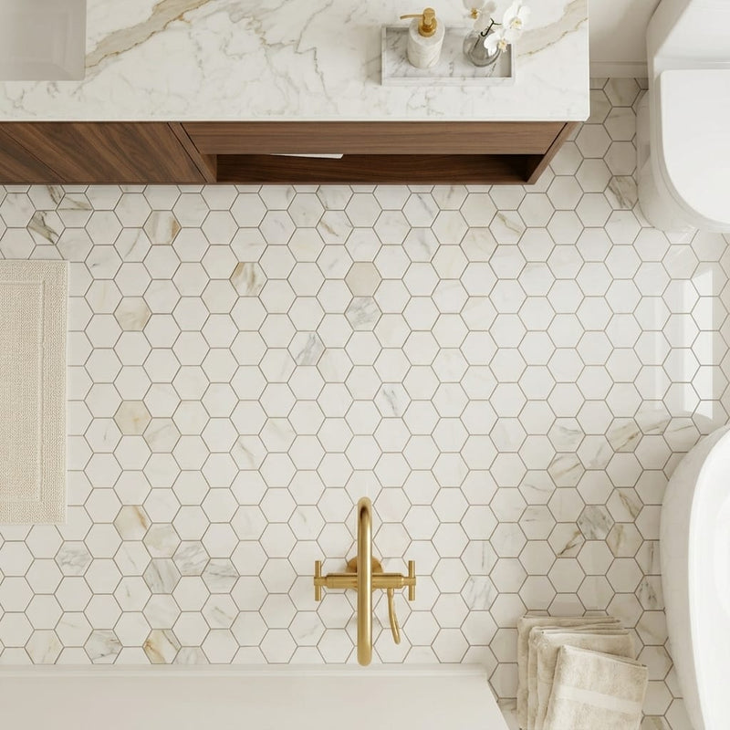 Calacatta Gold 2x2 Hexagon Mesh Polished Marble Mosaic — Bathroom floor