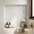 Calacatta Gold 2x2 Hexagon Polished Marble Mosaic — Bathroom niche