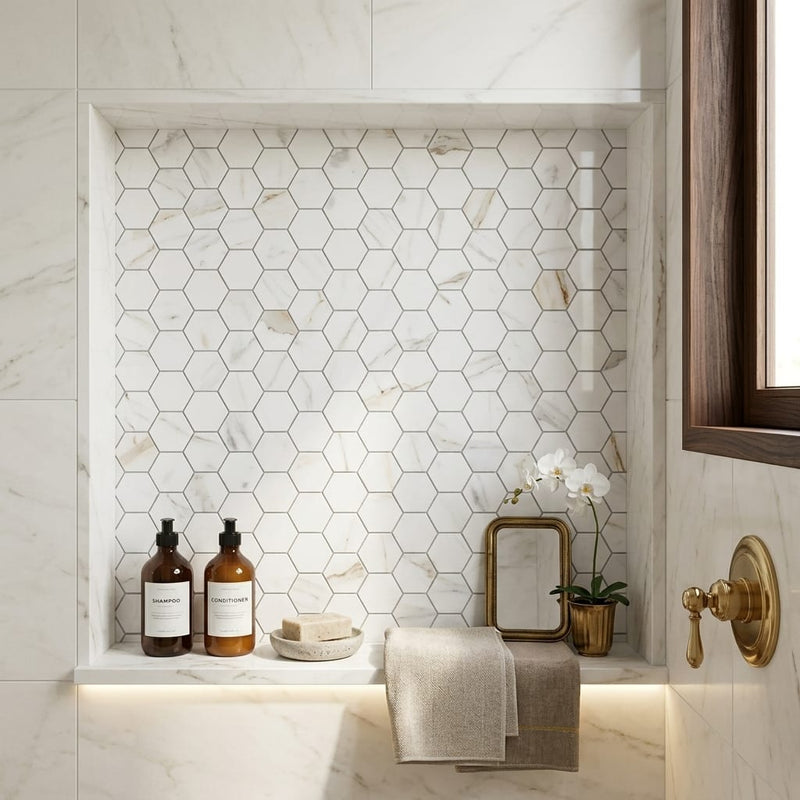 Calacatta Gold 2x2 Hexagon Polished Marble Mosaic — Bathroom niche