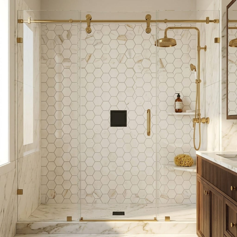 Calacatta Gold 2x2 Hexagon Polished Marble Mosaic — Bathroom shower floor
