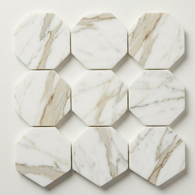 Calacatta Gold 2x2 Hexagon Polished Marble Mosaic close-up