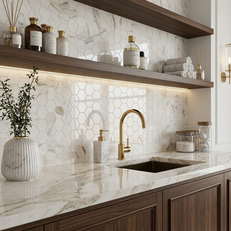 Calacatta Gold 2x2 Hexagon Polished Marble Mosaic — Kitchen backsplash