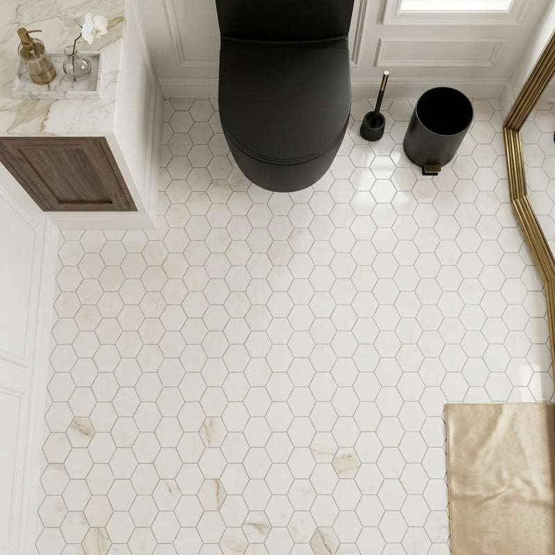 Calacatta Gold 2x2 Hexagon Polished Marble Mosaic — Powder Room floor