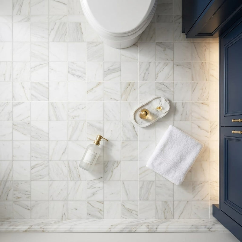 Calacatta Gold 2x2 Mesh Honed Marble Mosaic — Bathroom floor