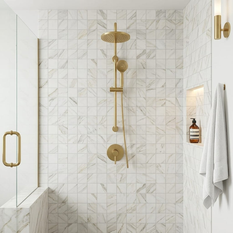 Calacatta Gold 2x2 Mesh Honed Marble Mosaic — Bathroom shower wall