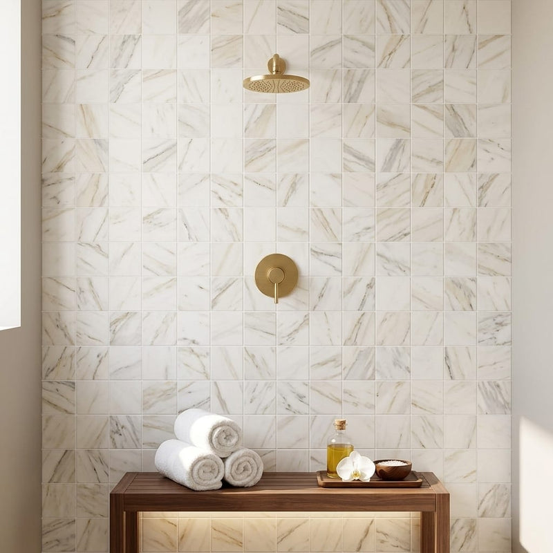 Calacatta Gold 2x2 Mesh Honed Marble Mosaic — Spa spa interior