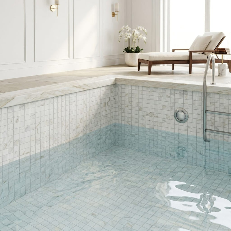 Calacatta Gold 2x2 Mesh Honed Marble Mosaic — Swimming Pool pool interior tiling