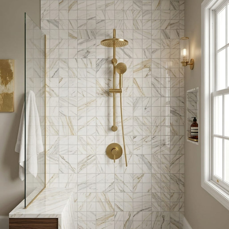 Calacatta Gold 2x2 Mesh Polished Marble Mosaic — Bathroom shower wall
