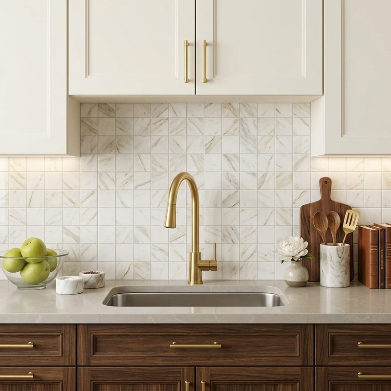 Calacatta Gold 2x2 Mesh Polished Marble Mosaic — Kitchen backsplash