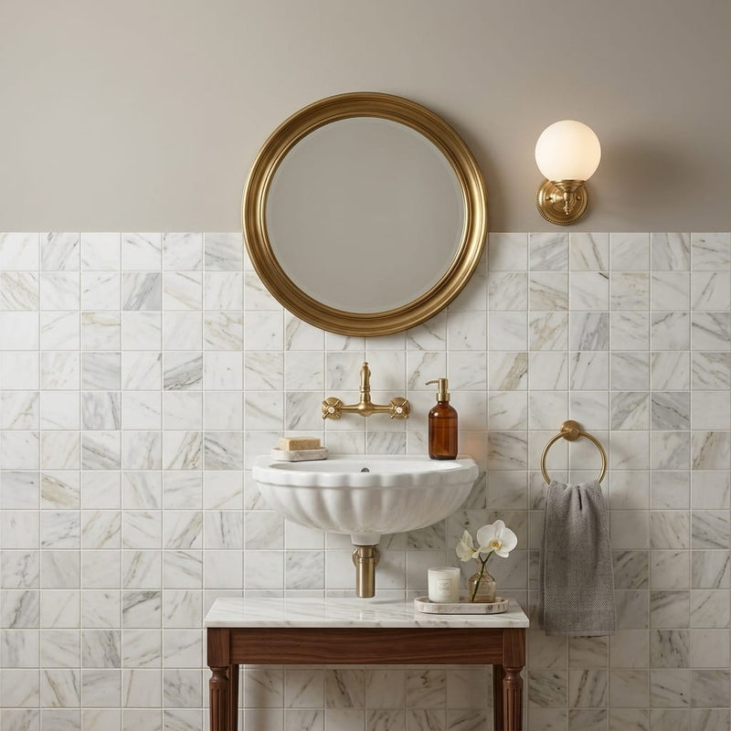 Calacatta Gold 2x2 Mesh Polished Marble Mosaic — Powder Room wall