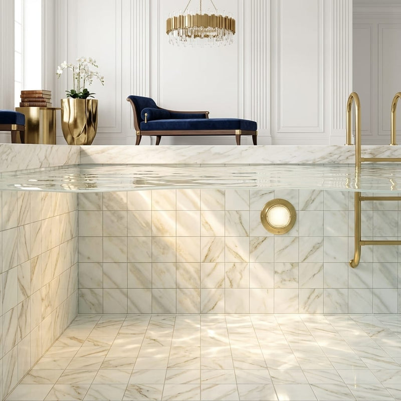 Calacatta Gold 2x2 Mesh Polished Marble Mosaic — Swimming Pool pool interior tiling