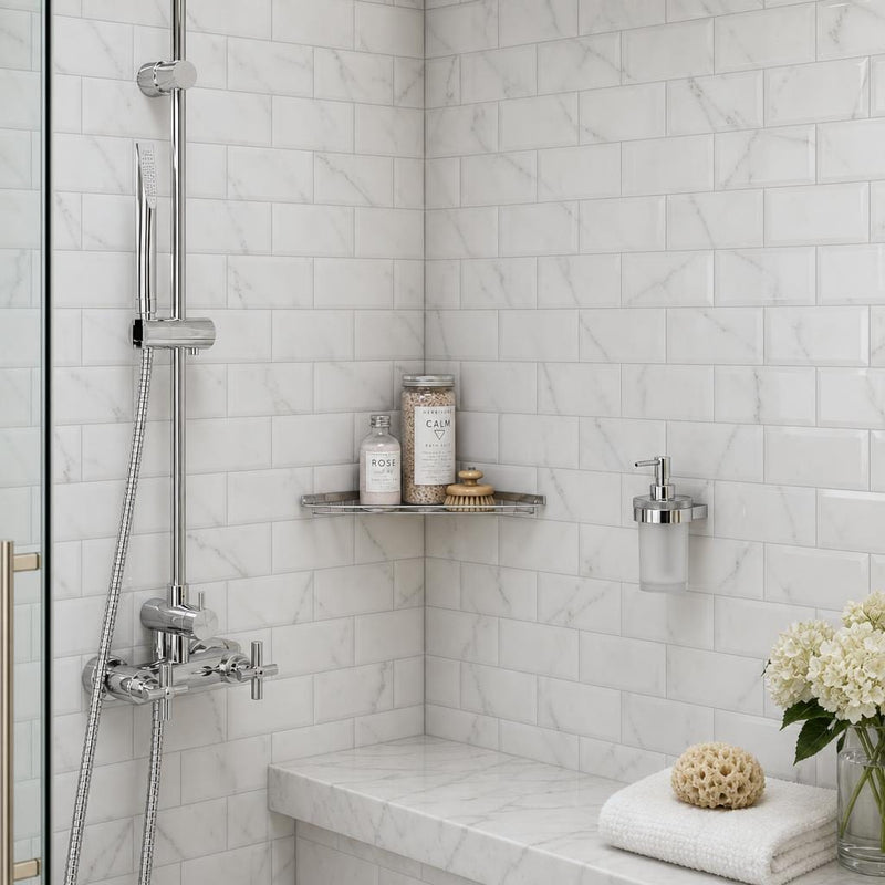 Calacatta Gold 3x6 Deep Beveled Polished Veined Marble Tile — Bathroom shower wall