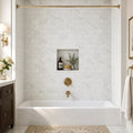 Calacatta Gold 3x6 Deep Beveled Polished Veined Marble Tile — Bathroom tub surround