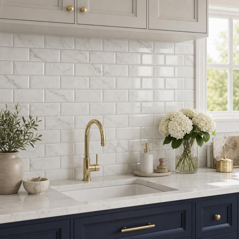 Calacatta Gold 3x6 Deep Beveled Polished Veined Marble Tile — Kitchen backsplash