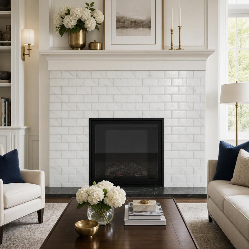 Calacatta Gold 3x6 Deep Beveled Polished Veined Marble Tile — Living Room fireplace surround