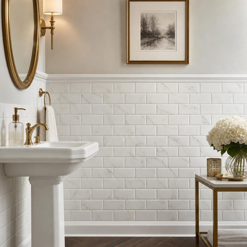 Calacatta Gold 3x6 Deep Beveled Polished Veined Marble Tile — Powder Room wainscot