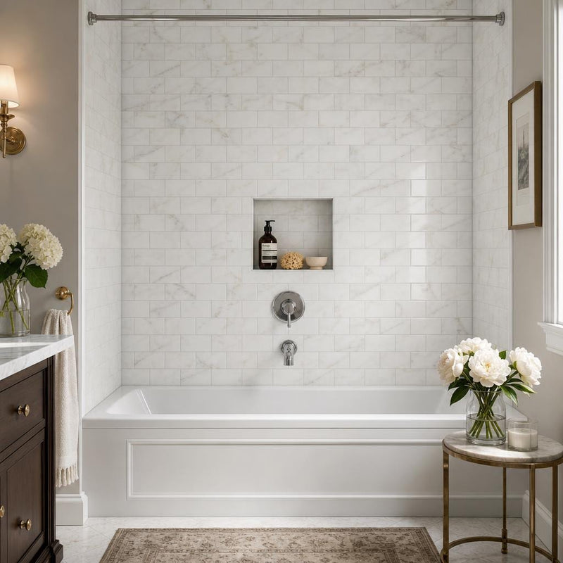 Calacatta Gold 3x6 Honed Veined Marble Tile — Bathroom tub surround
