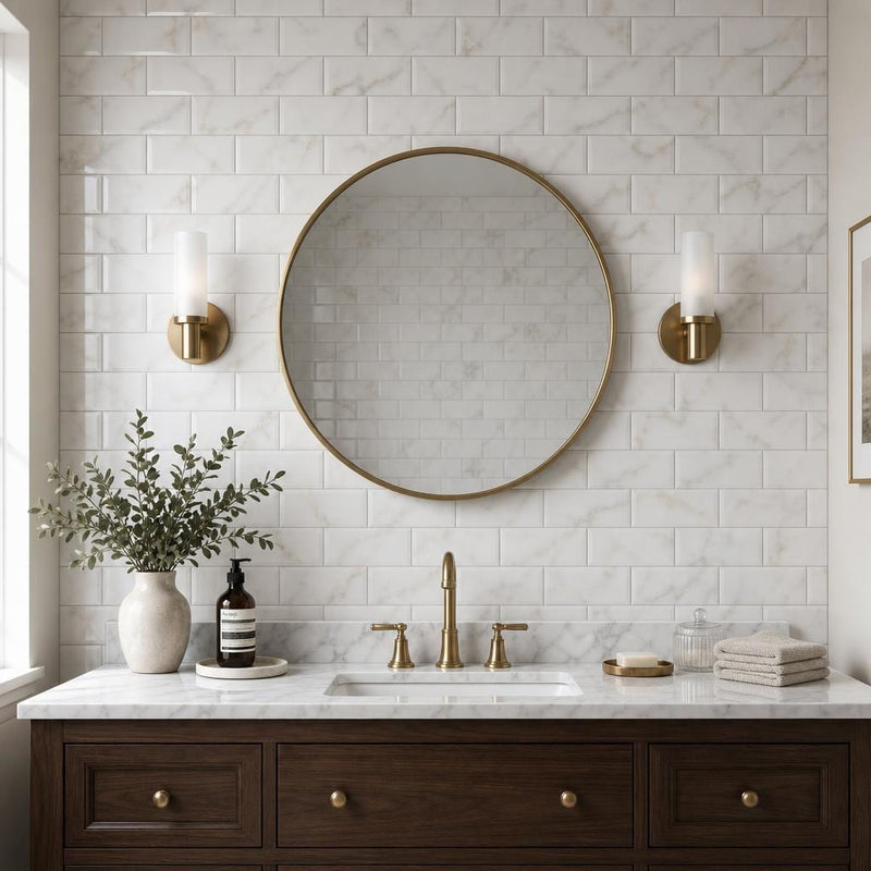 Calacatta Gold 3x6 Honed Veined Marble Tile — Bathroom wall