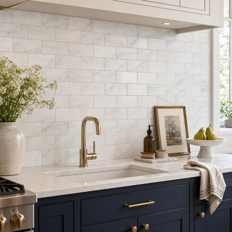 Calacatta Gold 3x6 Honed Veined Marble Tile — Kitchen backsplash