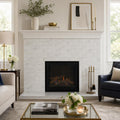 Calacatta Gold 3x6 Honed Veined Marble Tile — Living Room fireplace surround