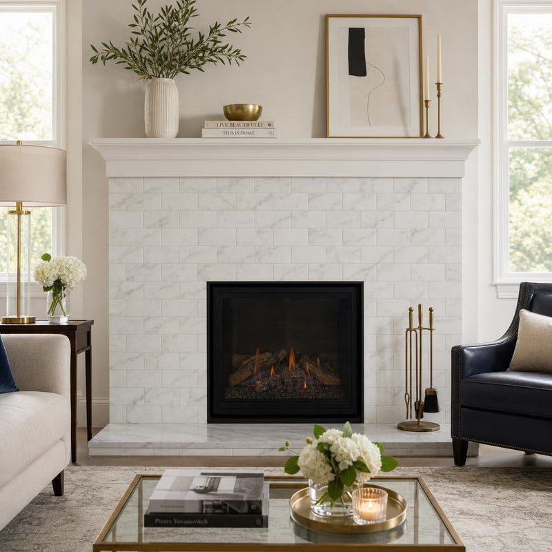 Calacatta Gold 3x6 Honed Veined Marble Tile — Living Room fireplace surround