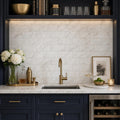 Calacatta Gold 3x6 Honed Veined Marble Tile — Wet Bar backsplash