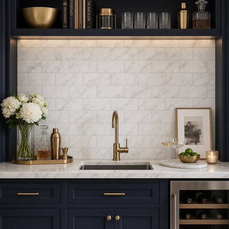 Calacatta Gold 3x6 Honed Veined Marble Tile — Wet Bar backsplash
