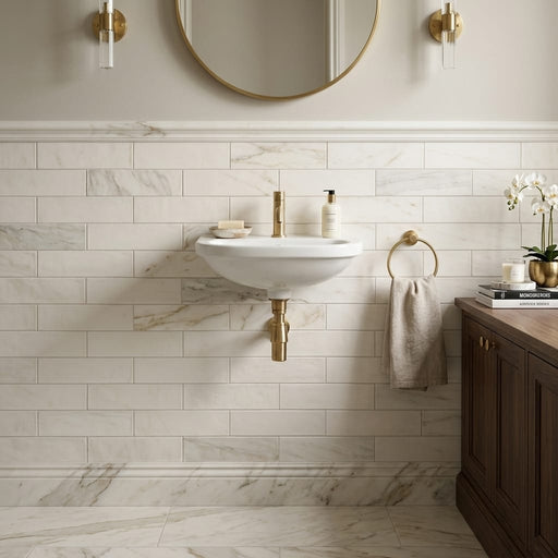 Calacatta Gold 4x16 Honed Marble Tile — Powder Room wainscot