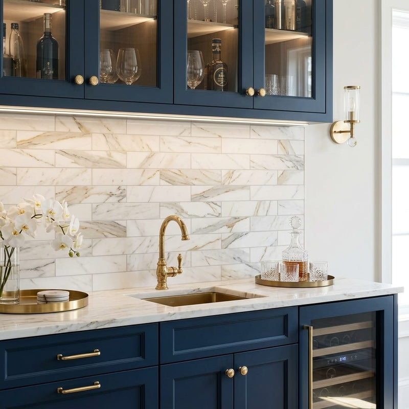 Calacatta Gold 4x16 Honed Marble Tile — Wet Bar backsplash