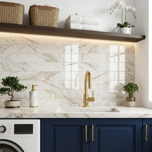 Calacatta Gold 4x16 Polished Marble Tile — Laundry Room backsplash