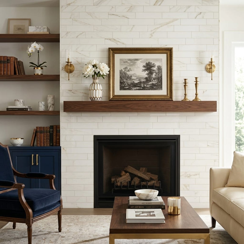 Calacatta Gold 4x16 Polished Marble Tile — Living Room fireplace surround