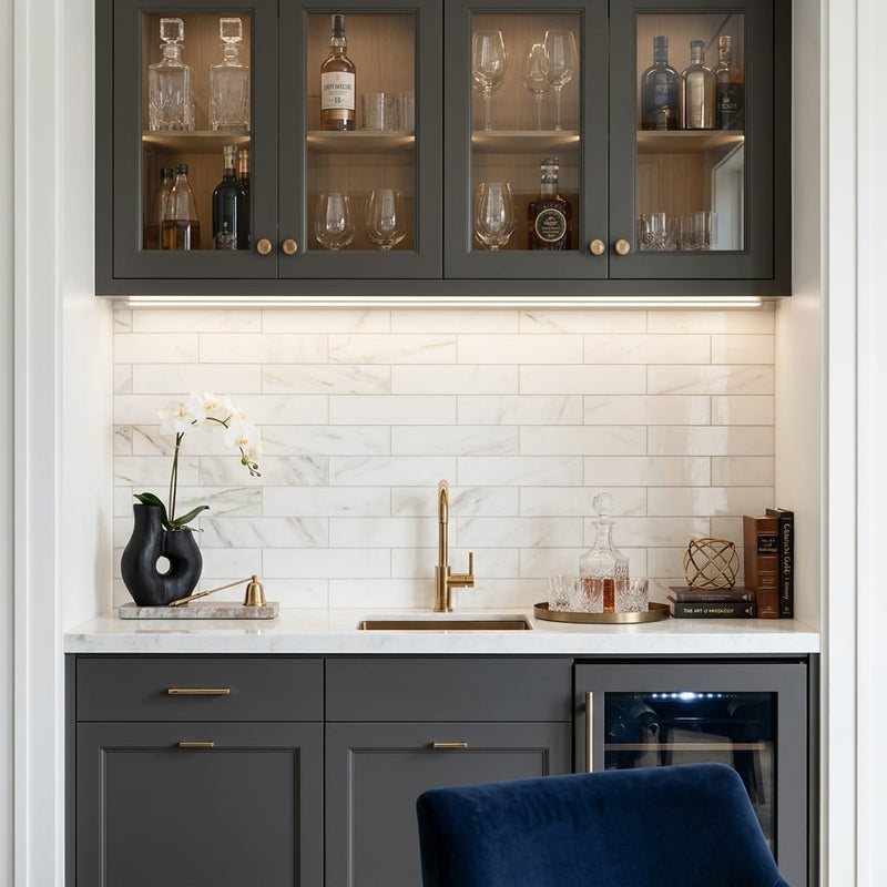 Calacatta Gold 4x16 Polished Marble Tile — Wet Bar backsplash