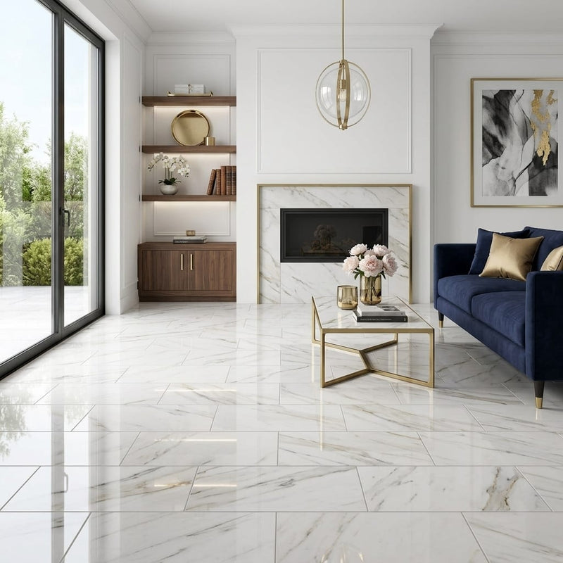 Calacatta Gold Aspen 12x24 Polished Marble Tile — Living Room floor