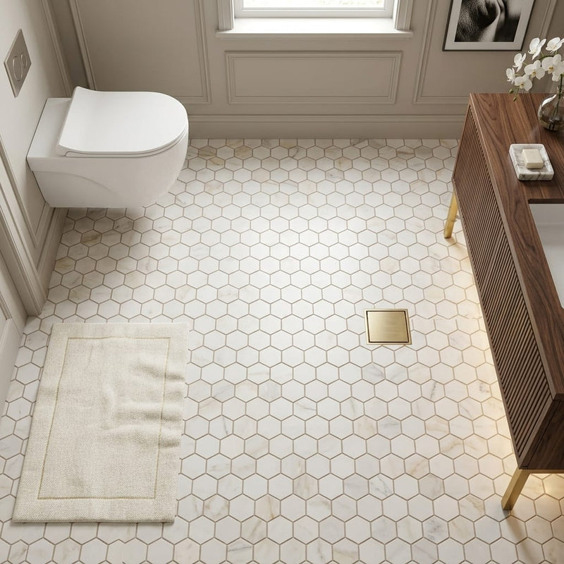 Calacatta Gold (Italian) Marble 1x1 Honed Hexagon Mosaic — Bathroom floor