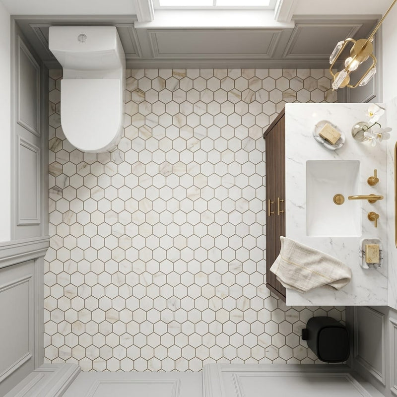 Calacatta Gold (Italian) Marble 1x1 Honed Hexagon Mosaic — Powder Room floor