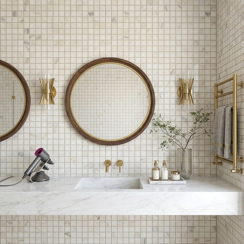Calacatta Gold (Italian) Marble 1x1 Honed Mosaic — Bathroom shower wall