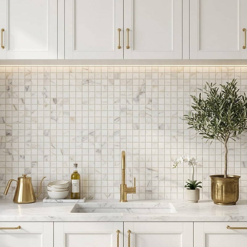 Calacatta Gold (Italian) Marble 1x1 Honed Mosaic — Kitchen backsplash
