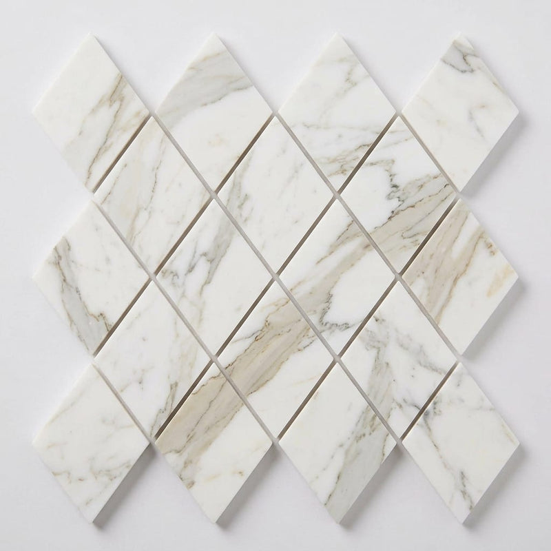 Calacatta Gold (Italian) Marble 1x2 Honed Diamond / Rhomboid Mosaic close-up