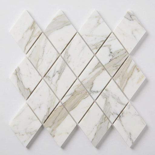 Calacatta Gold (Italian) Marble 1x2 Honed Diamond / Rhomboid Mosaic close-up