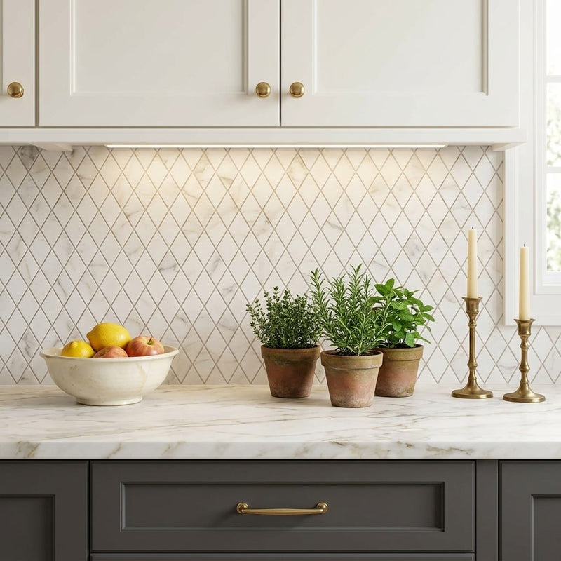 Calacatta Gold (Italian) Marble 1x2 Honed Diamond / Rhomboid Mosaic — Kitchen backsplash