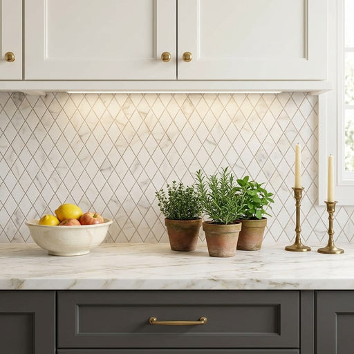 Calacatta Gold (Italian) Marble 1x2 Honed Diamond / Rhomboid Mosaic — Kitchen backsplash