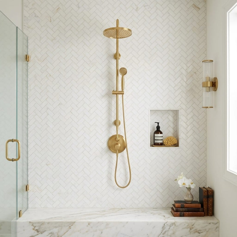Calacatta Gold (Italian) Marble 1x2 Honed Herringbone Mosaic — Bathroom shower wall